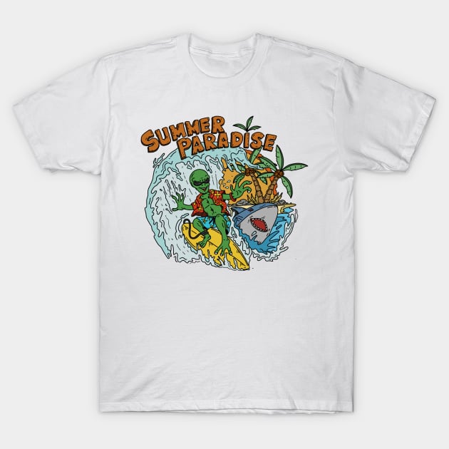 Surfing Alien on The Dangerous Beach T-Shirt by RiyanRizqi